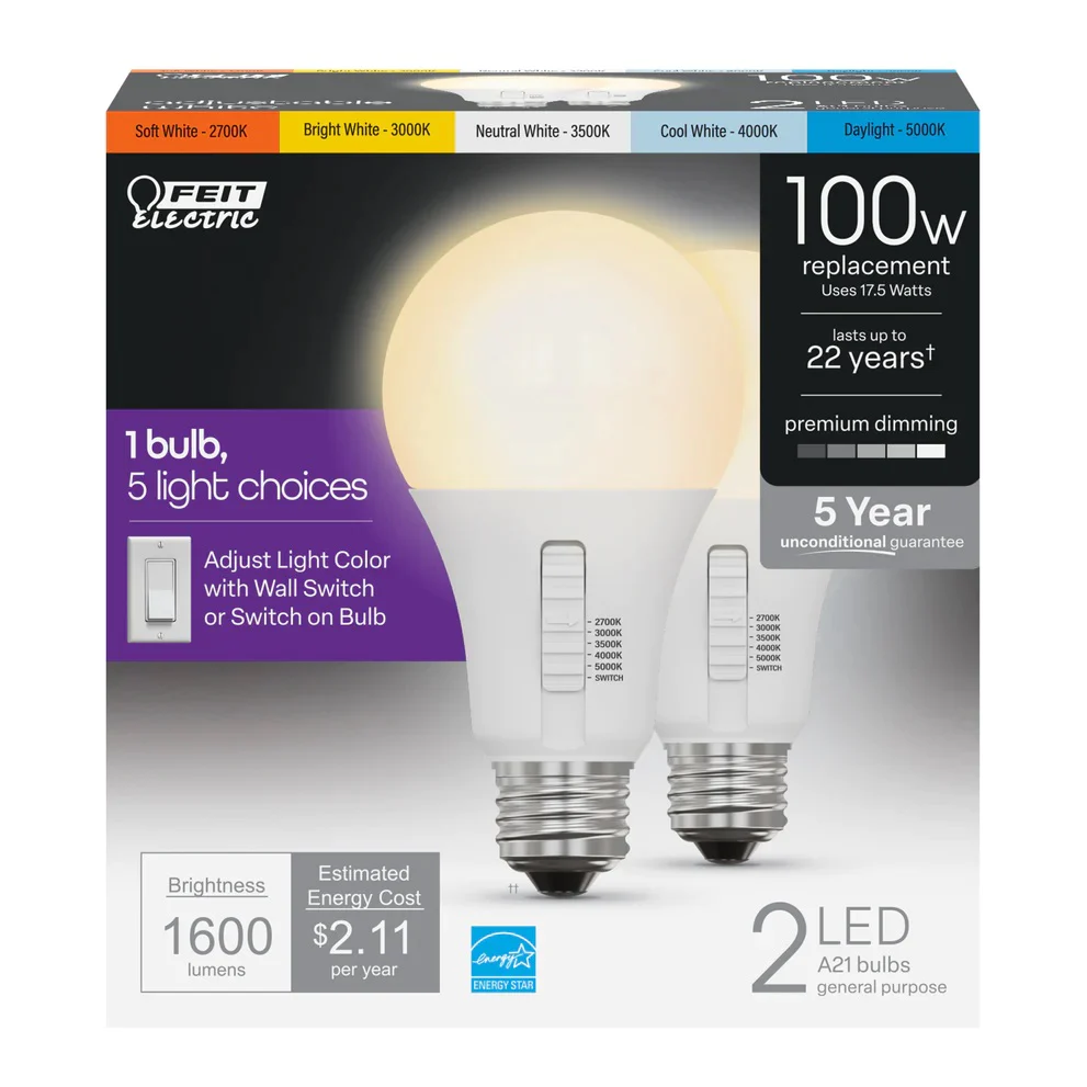 2-Pack 100W Selectable White LED Light Bulbs OM100DM/6WYCA/2