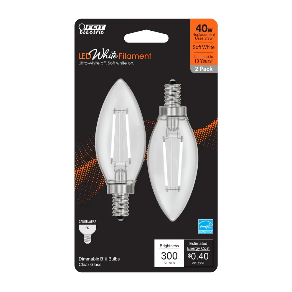 2-Pack 40W LED White Filament E12 Torpedo Tip Light Bulbs BPCTC409