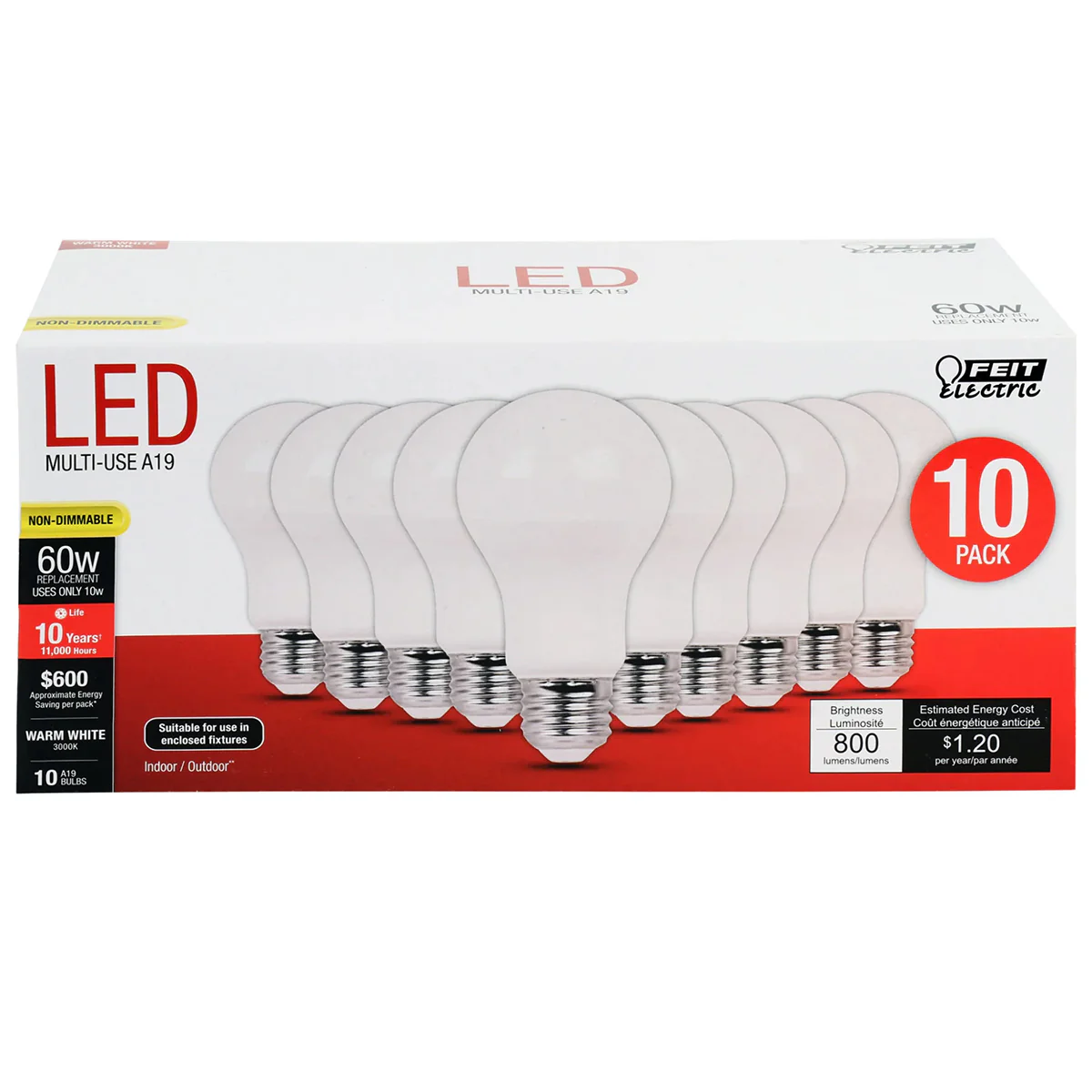 60W A19 Warm White LED Light Bulbs 10-Pack A80083010K