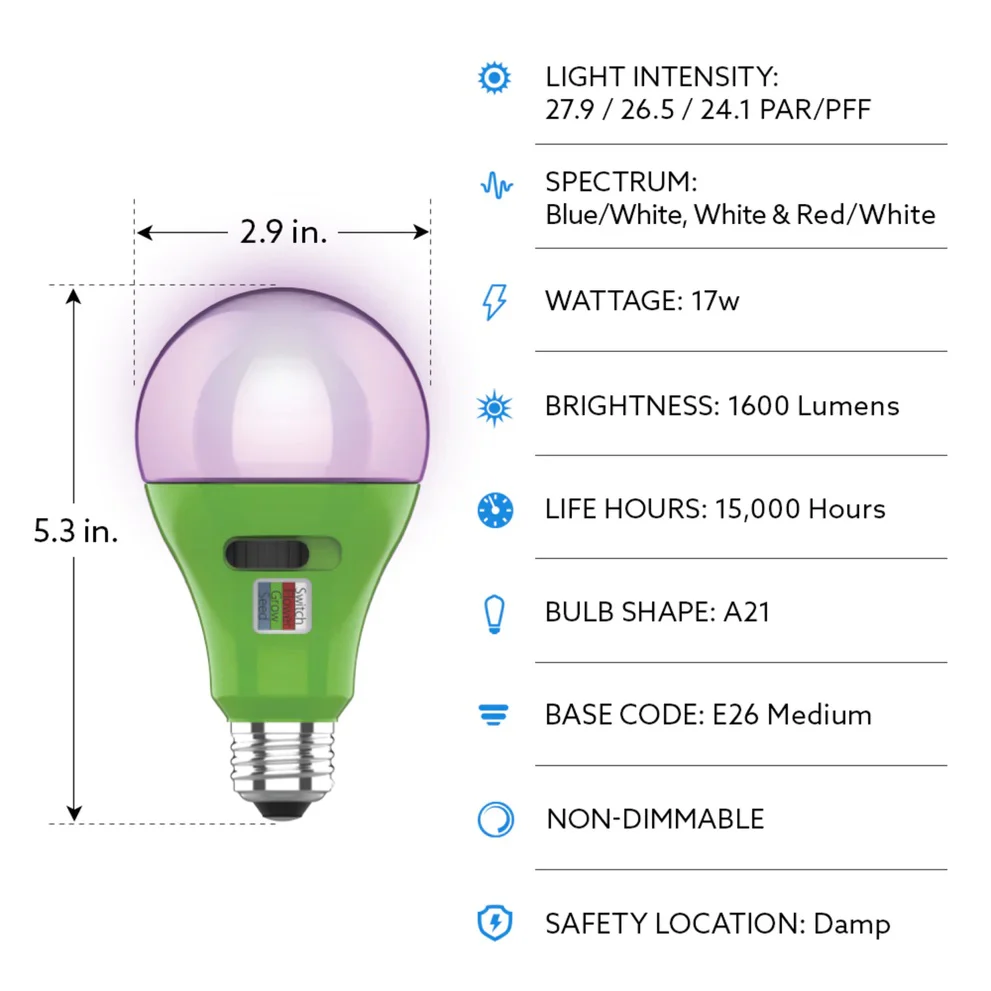 A21 LED Adjustable Spectrum Plant Grow Light A21ADJGRWLEDHD